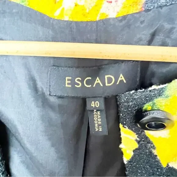 Escada Tweed Black Yellow Floral Cropped Jacket Women’s Size Large/EU40